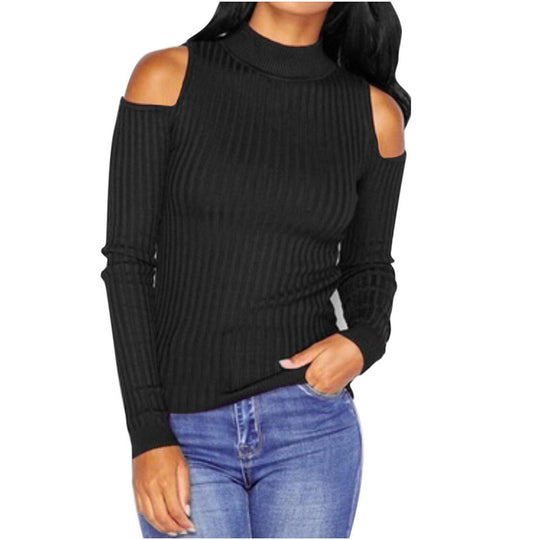 Damen schulterfreier Pullover mit langem Arm im feinen Rippenstrick R&B