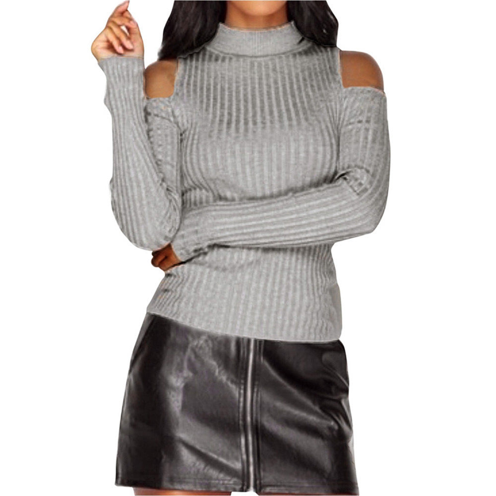 Damen schulterfreier Pullover mit langem Arm im feinen Rippenstrick R&B