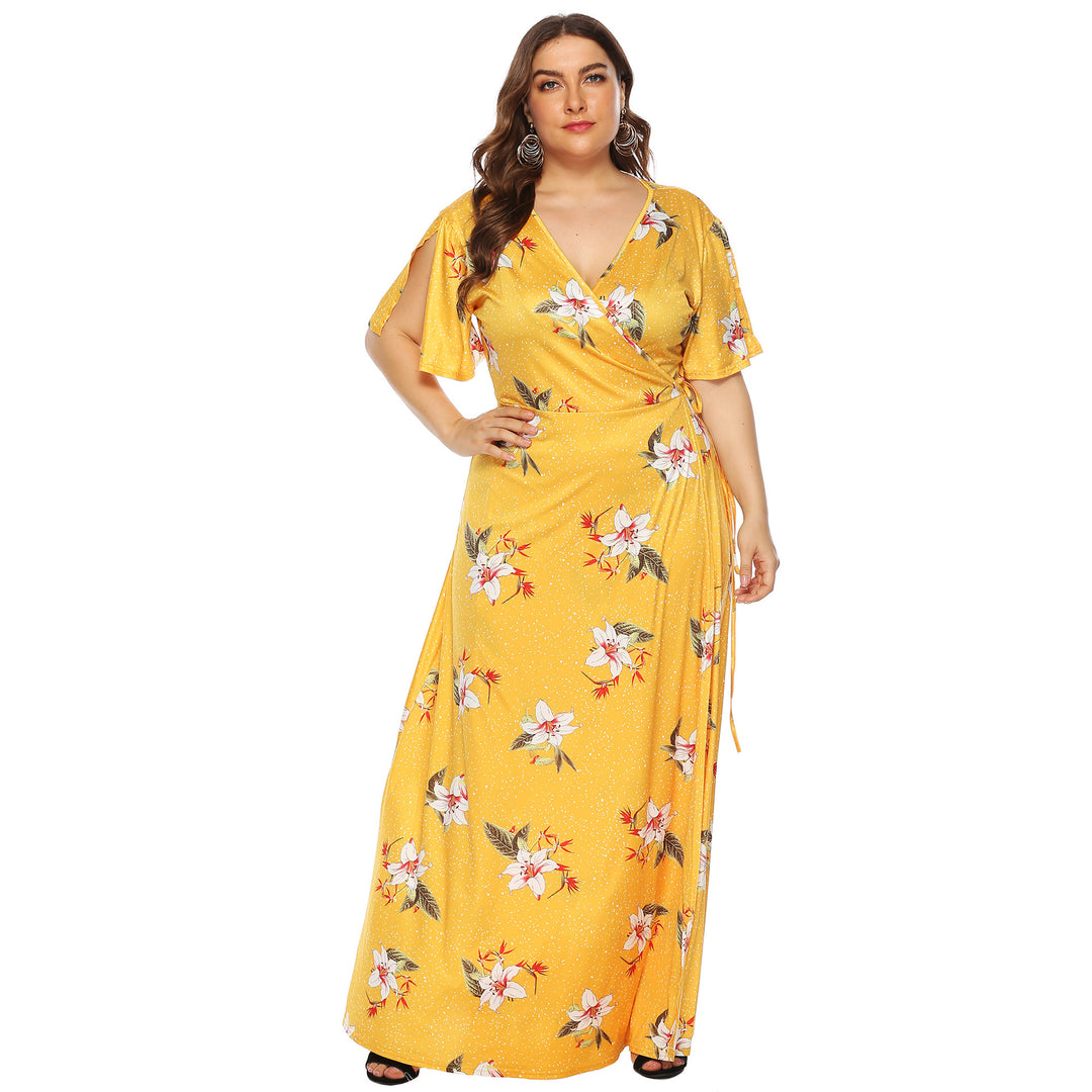 Damen Maxi-Kleid mit eleganten Flügelärmeln und tiefem V-Ausschnitt R&B