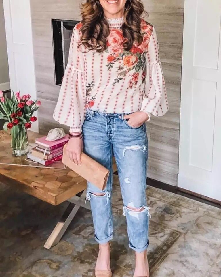 Damen Blumenbluse mit Rüschendetails und voluminösen Ärmeln R&B