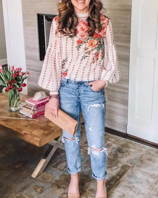 Damen Blumenbluse mit Rüschendetails und voluminösen Ärmeln R&B
