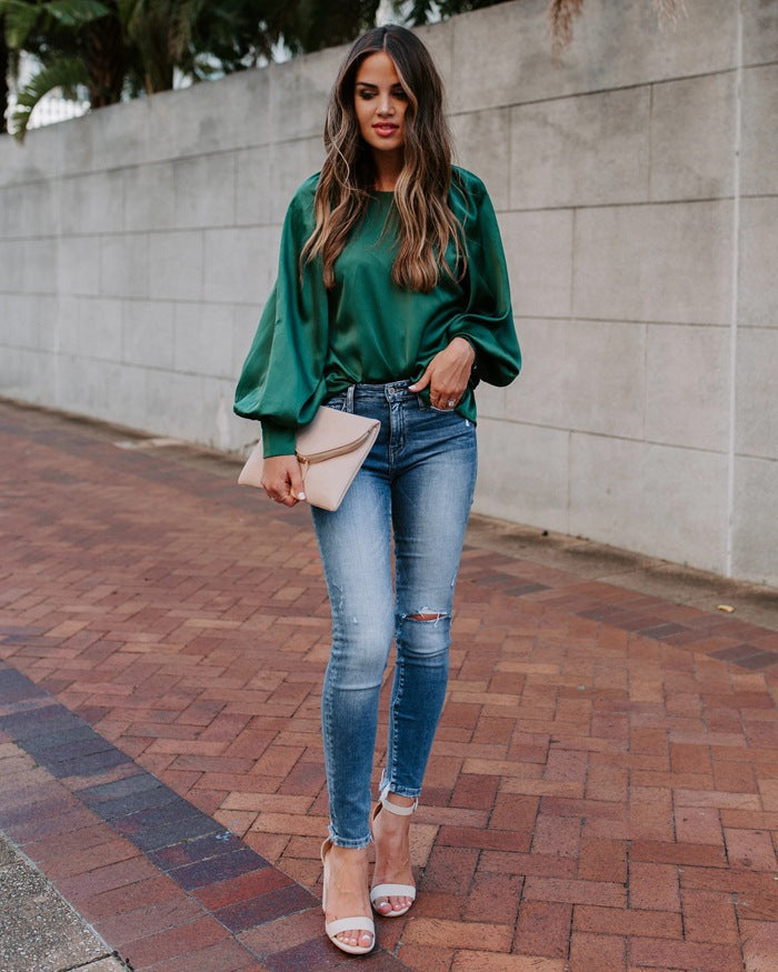 Damen Satinbluse mit voluminösen Ärmeln und elegantem Schnitt R&B