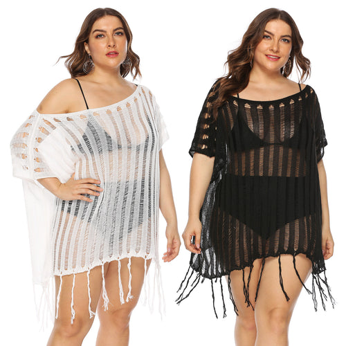 Damen luftiger Häkel-Strandüberwurf mit trendy Fransen R&B