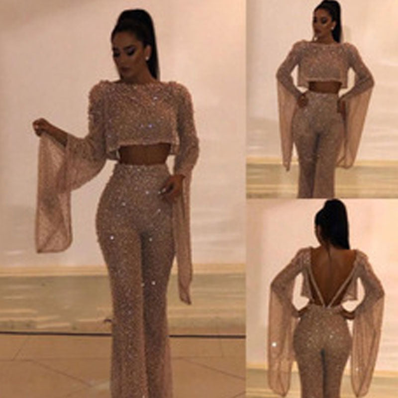 Damen Glitzerndes Zweiteiliges Set mit weitem Bein und langen Ärmeln R&B