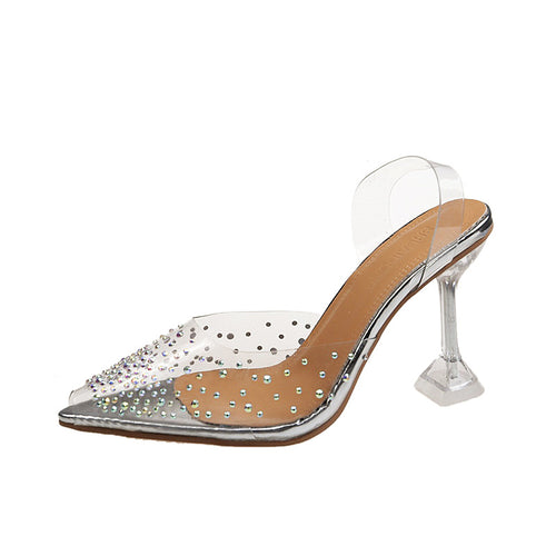 Damen nan PVC-Mule mit spitzer Kappe Strassbesatz Plexiglas-Absatz und gepolstertem Fußbett R&B
