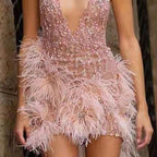 Damen Glamouröses Paillettenkleid mit Federapplikationen R&B