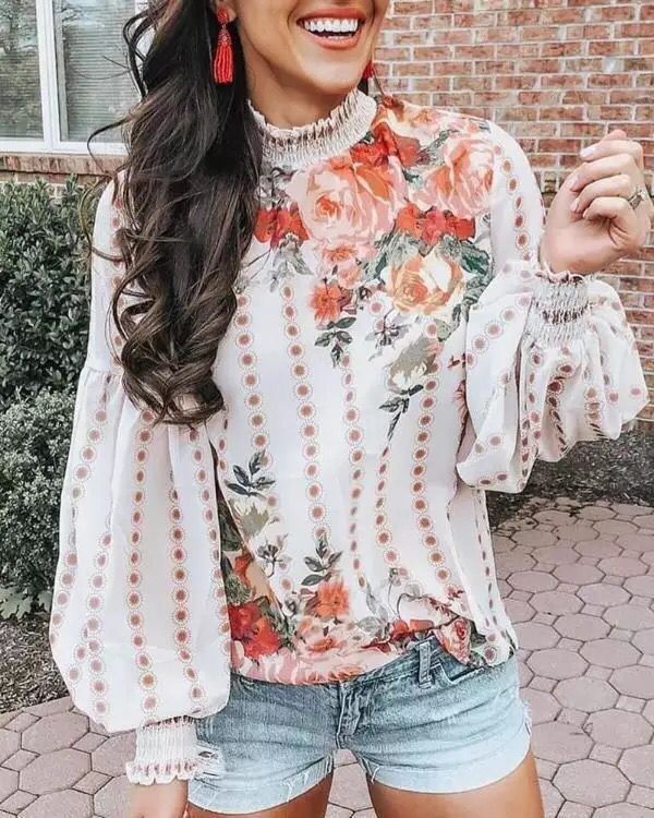 Damen Blumenbluse mit Rüschendetails und voluminösen Ärmeln R&B