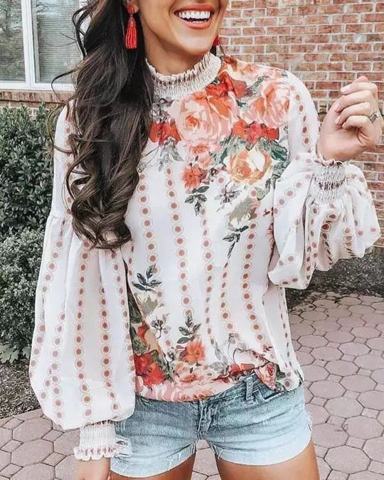 Damen Blumenbluse mit Rüschendetails und voluminösen Ärmeln R&B