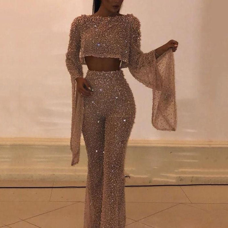 Damen Glitzerndes Zweiteiliges Set mit weitem Bein und langen Ärmeln R&B