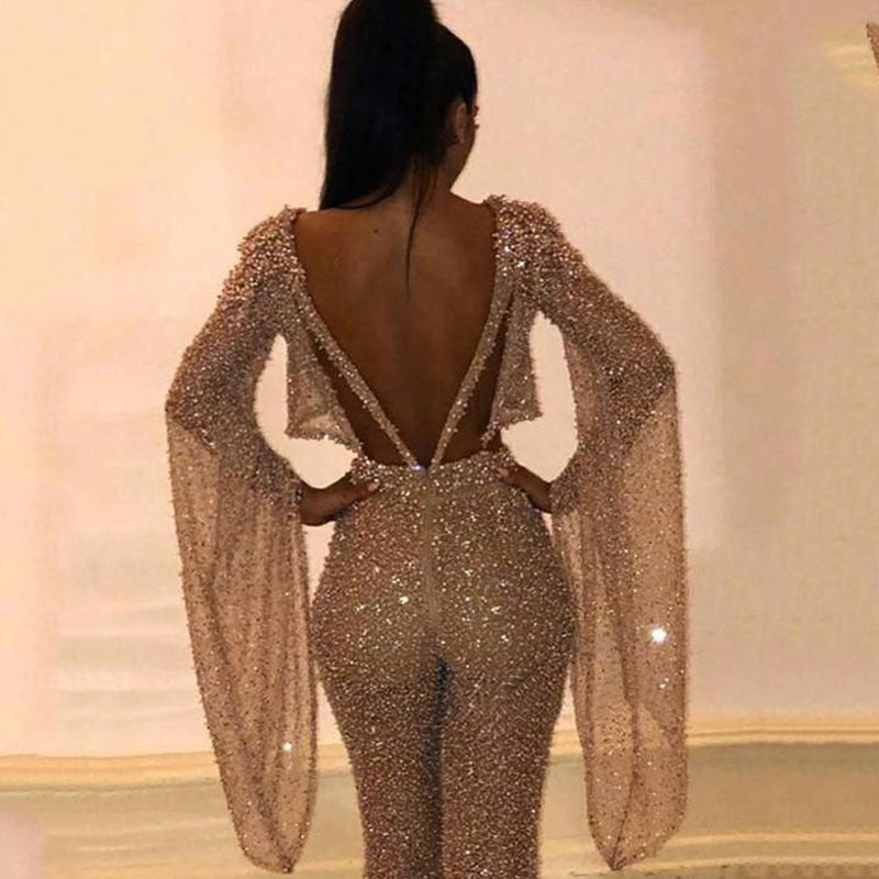 Damen Glitzerndes Zweiteiliges Set mit weitem Bein und langen Ärmeln R&B
