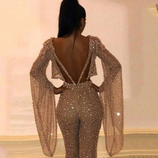 Damen Glitzerndes Zweiteiliges Set mit weitem Bein und langen Ärmeln R&B