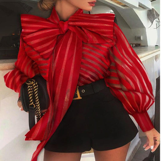 Damen Bluse mit extravaganten Rüschen und eleganten Streifendetails R&B