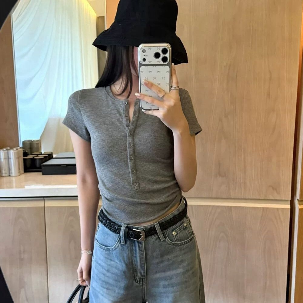 Damen Kurzarm T-Shirt mit Knopfleiste Slim Fit