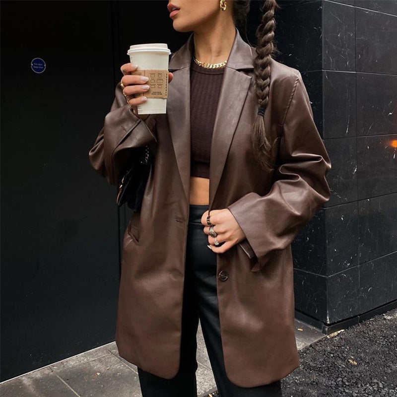 R&B | Damenblazer mit PU-Leder und Knopfverschluss