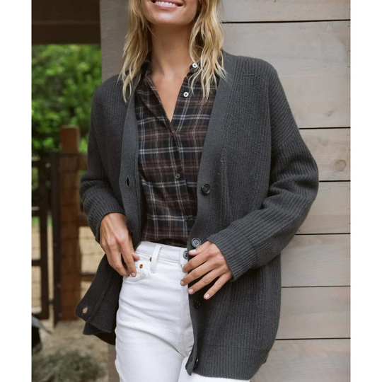 R&B | Lange Strickjacke Lässige Passform Wollmischung V-Ausschnitt Knöpfe