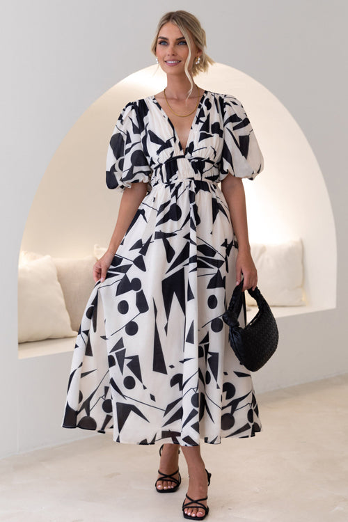 R&B | Real Love Print Puffärmel Maxi Kleid