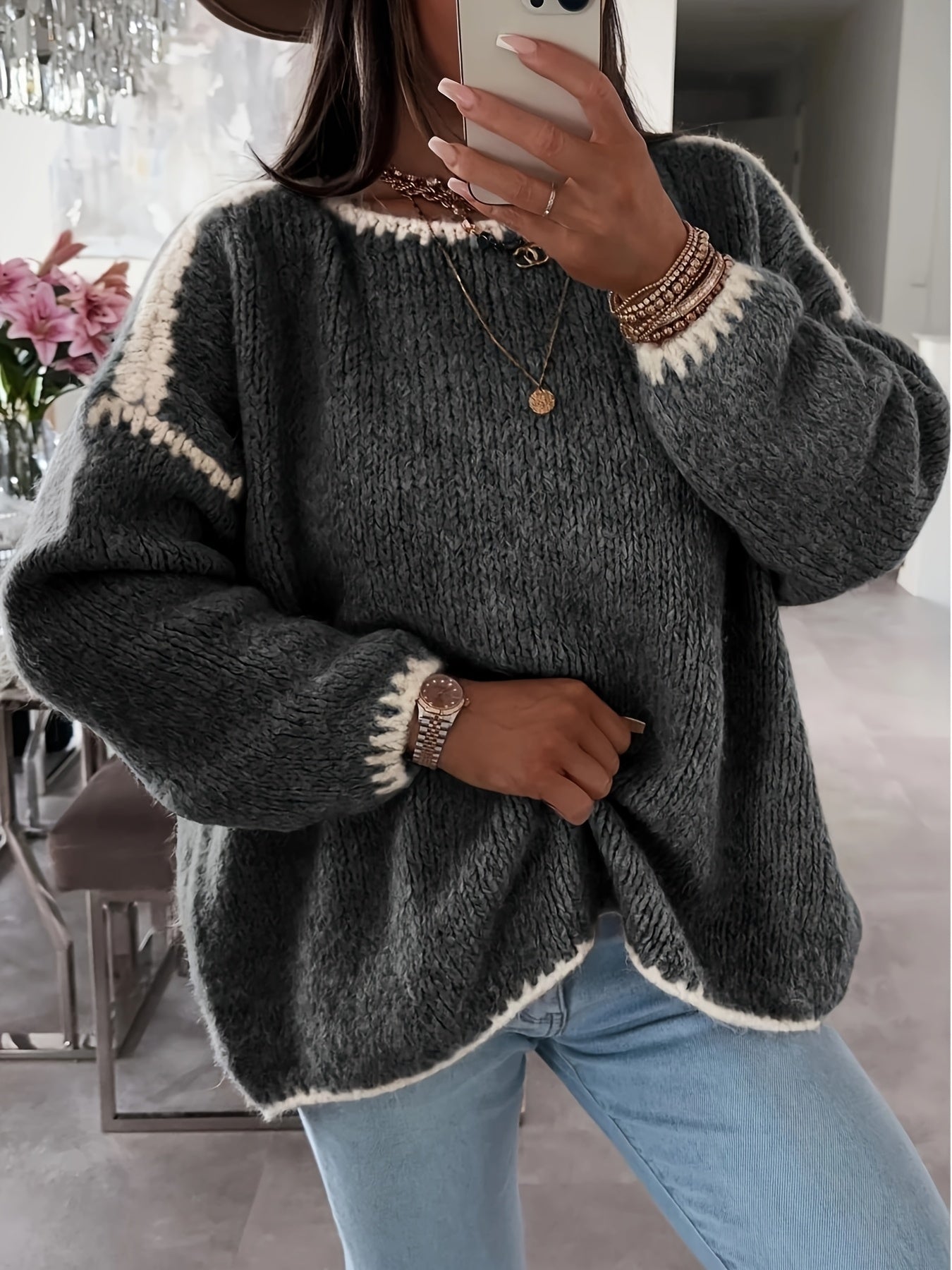 R&B | Lockere Strickpullover Weich und Gemütlich Einzigartige Häkel-details