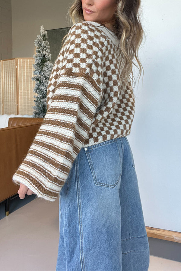 R&B | gestreifte leichte Strickjacke mit Karomuster