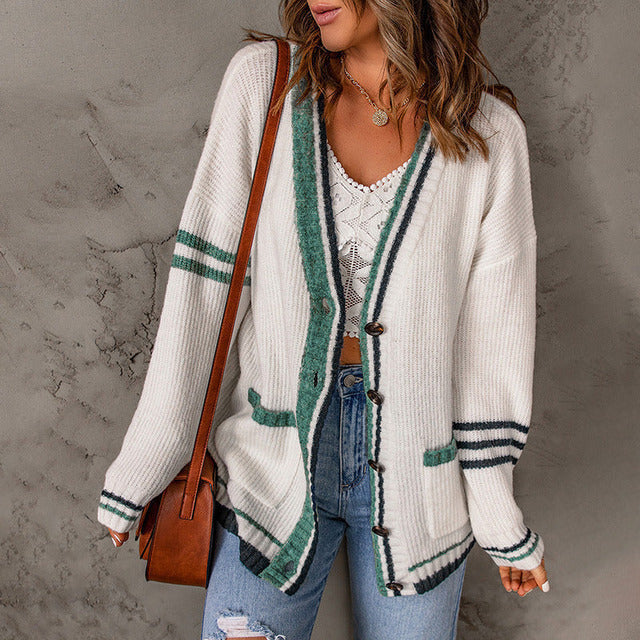R&B | Gestreifter Cardigan mit Knöpfen Polyester Lässig, Stilvoll