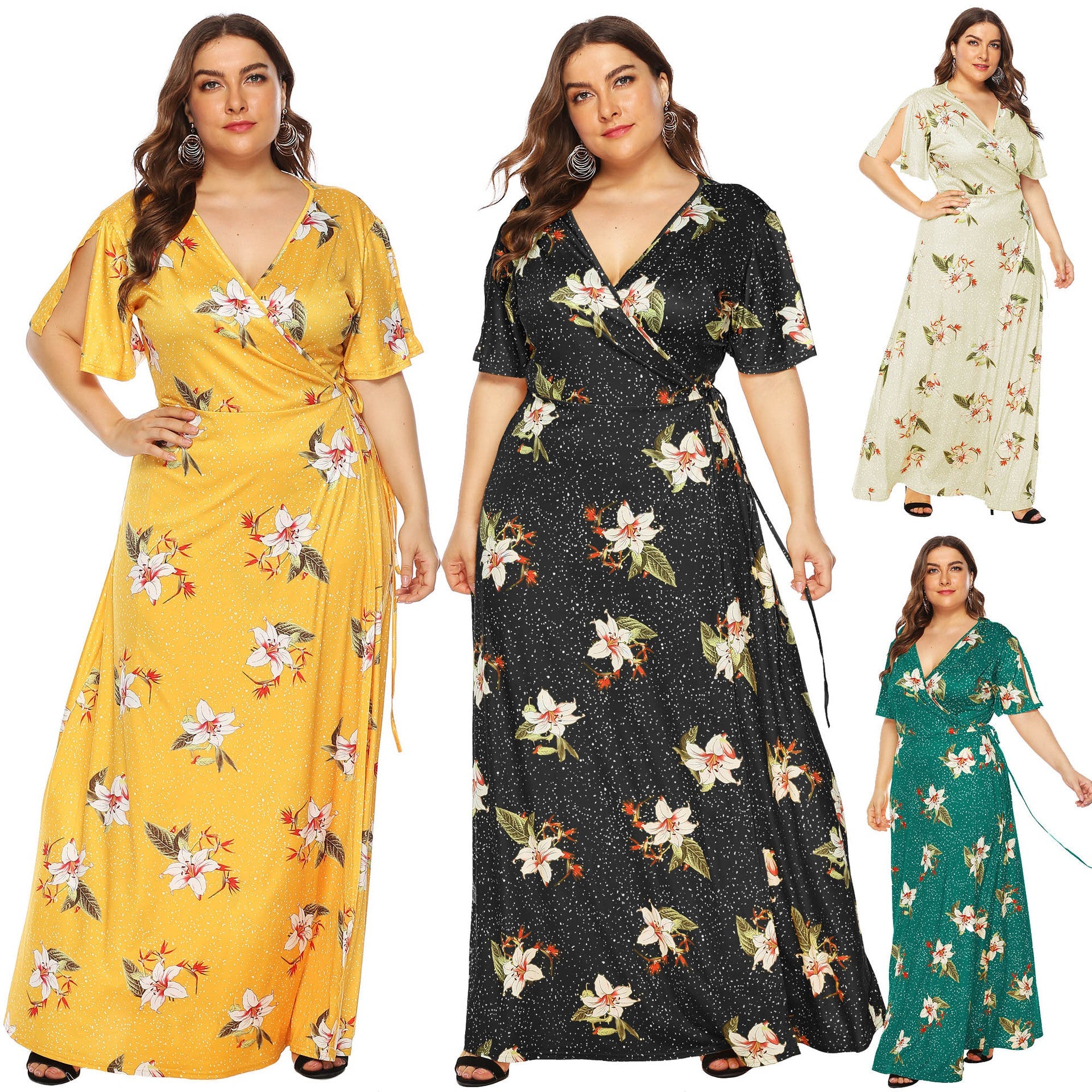 Damen Maxi-Kleid mit eleganten Flügelärmeln und tiefem V-Ausschnitt R&B