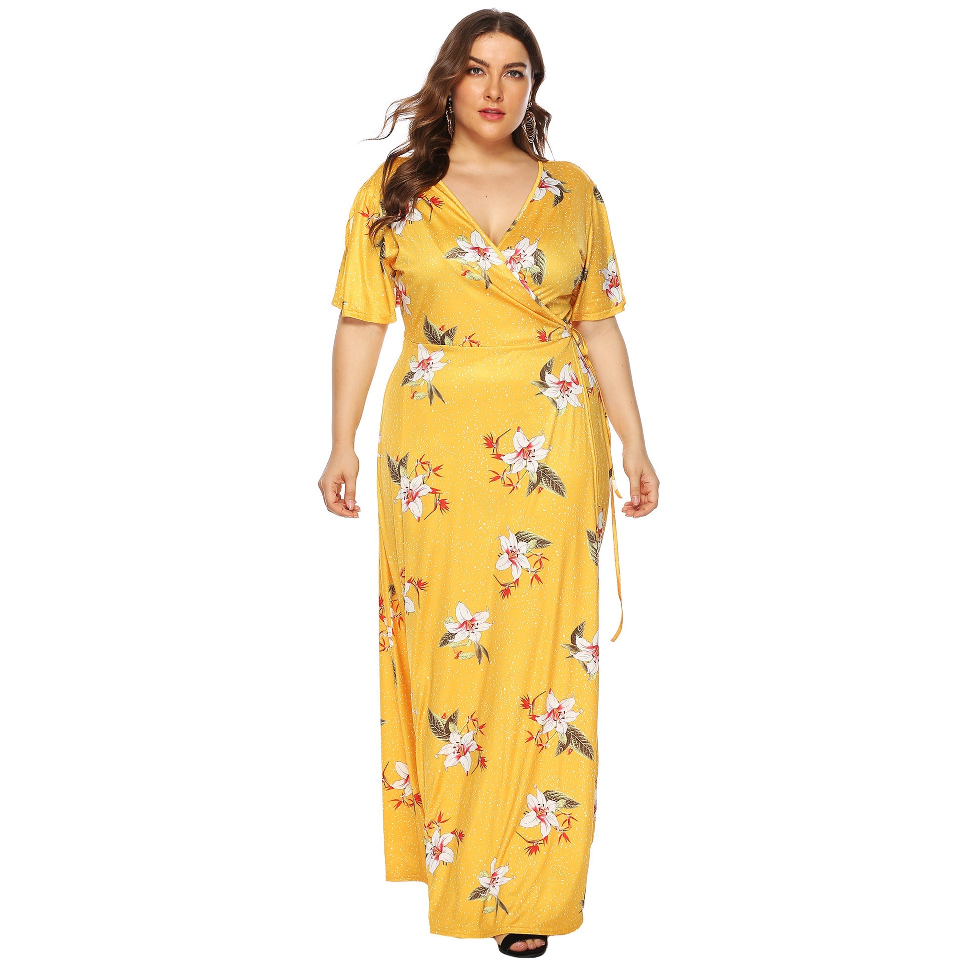 Damen Maxi-Kleid mit eleganten Flügelärmeln und tiefem V-Ausschnitt R&B