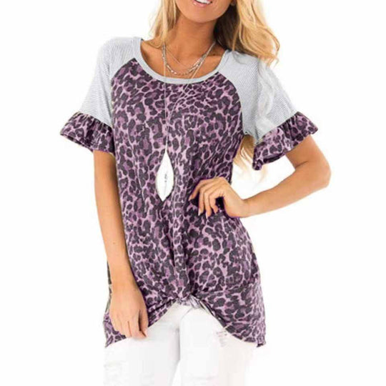 Damen modisches T-Shirt mit tierischem Muster und raffinierten Rüschendetails R&B