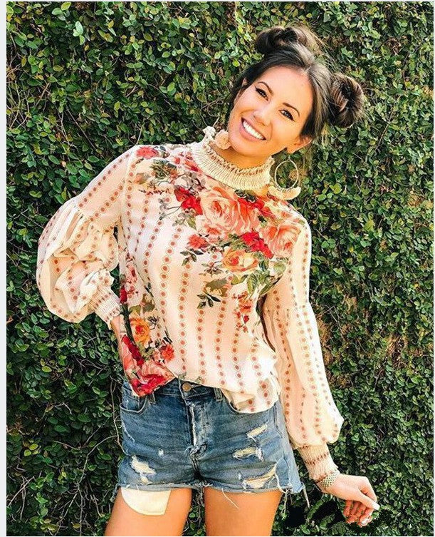 Damen Blumenbluse mit Rüschendetails und voluminösen Ärmeln R&B