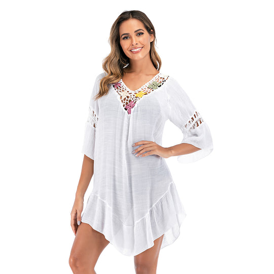Damen luftiger häkelbarer Strandüberwurf mit bunten Blumenmuster R&B