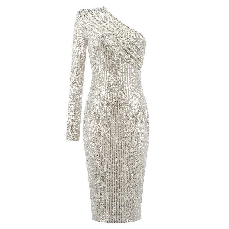 Damen Glitzerndes Etuikleid mit asymmetrischem Ausschnitt und langem Arm R&B