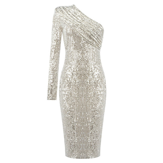 Damen Glitzerndes Etuikleid mit asymmetrischem Ausschnitt und langem Arm R&B