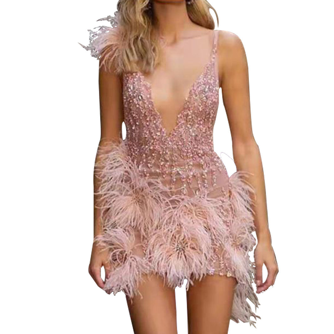 Damen Glamouröses Paillettenkleid mit Federapplikationen R&B