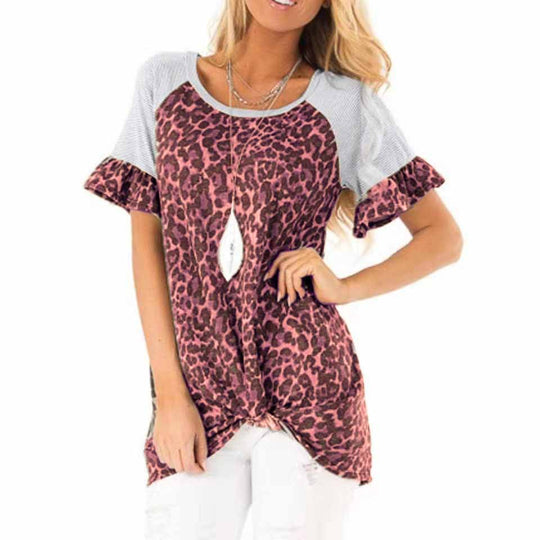 Damen modisches T-Shirt mit tierischem Muster und raffinierten Rüschendetails R&B