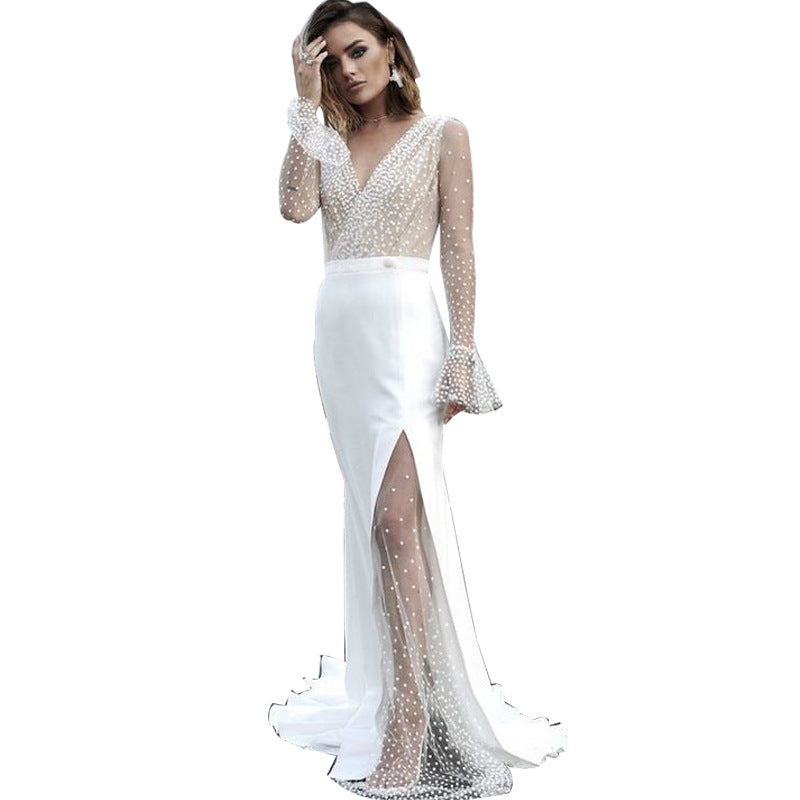 Damen Hochgeschlitztes Abendkleid mit transparentem Oberteil und Perlenapplikationen R&B