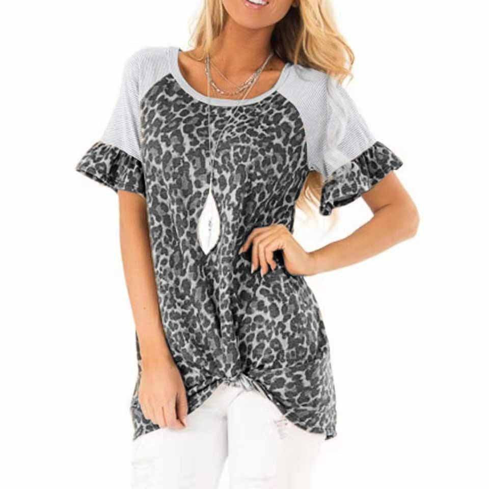 Damen modisches T-Shirt mit tierischem Muster und raffinierten Rüschendetails R&B