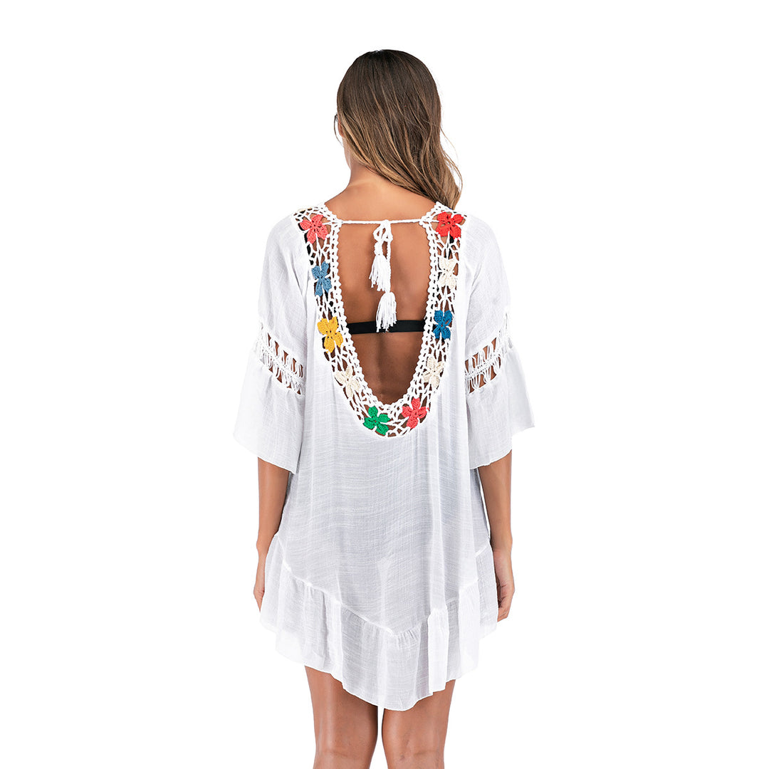 Damen luftiger häkelbarer Strandüberwurf mit bunten Blumenmuster R&B