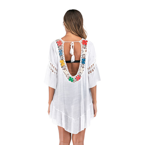 Damen luftiger häkelbarer Strandüberwurf mit bunten Blumenmuster R&B