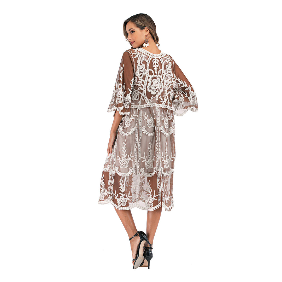 Damen elegante Häkel-Strandrobe mit voluminösen Ärmeln und floralem Design R&B