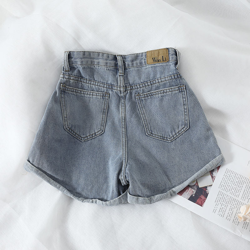 Damen High-Waist Denim-Shorts mit umschlagbarem Saum und elastischem Bund R&B