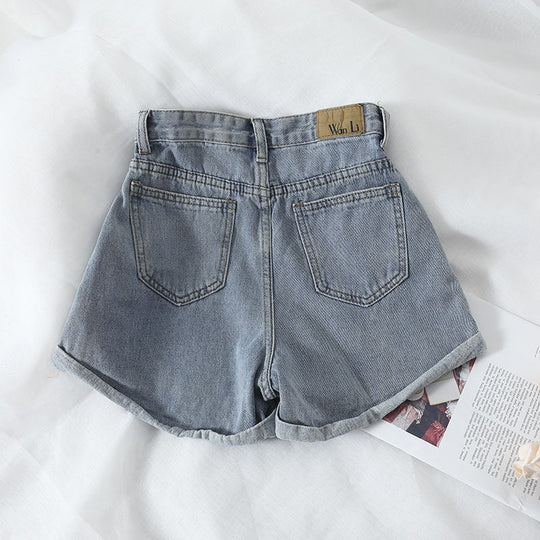Damen High-Waist Denim-Shorts mit umschlagbarem Saum und elastischem Bund R&B