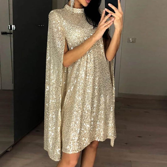 Damen Pailletten-Kleid mit funkelndem Cape-Design und elegantem Schnitt R&B