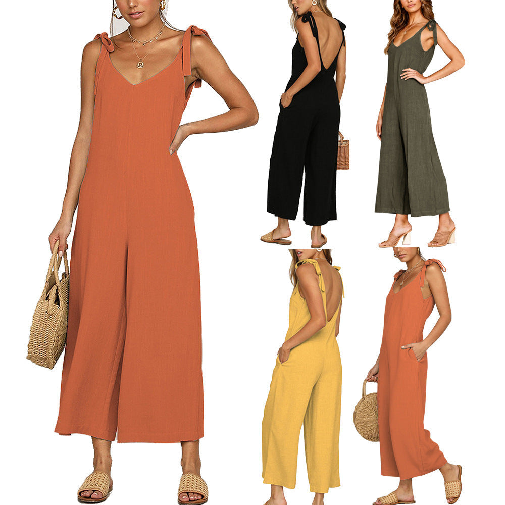 Damen Lässiger Jumpsuit mit Spaghettiträgern und weitem Beinschnitt R&B