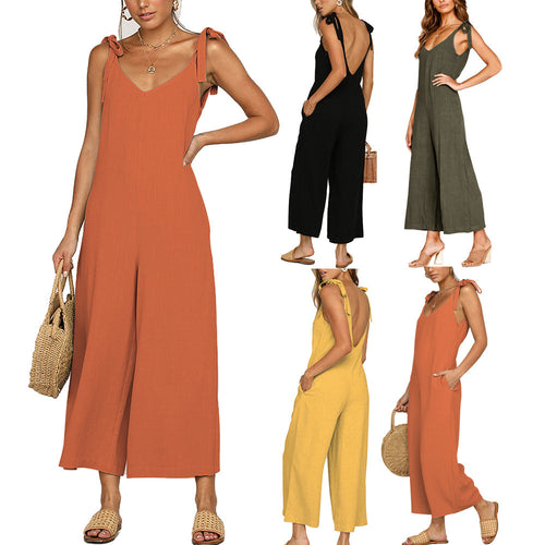 Damen Lässiger Jumpsuit mit Spaghettiträgern und weitem Beinschnitt R&B