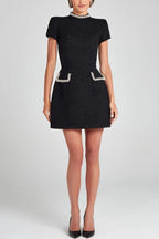 R&B | Exquisite und Verspielt Tweed Stoff Perlenbesatz Kurzarm Eingrifftaschen Mini Kleid