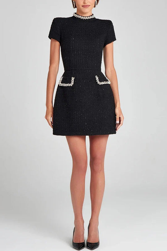 R&B | Exquisite und Verspielt Tweed Stoff Perlenbesatz Kurzarm Eingrifftaschen Mini Kleid