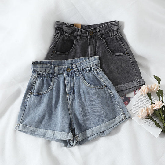 Damen High-Waist Denim-Shorts mit umschlagbarem Saum und elastischem Bund R&B