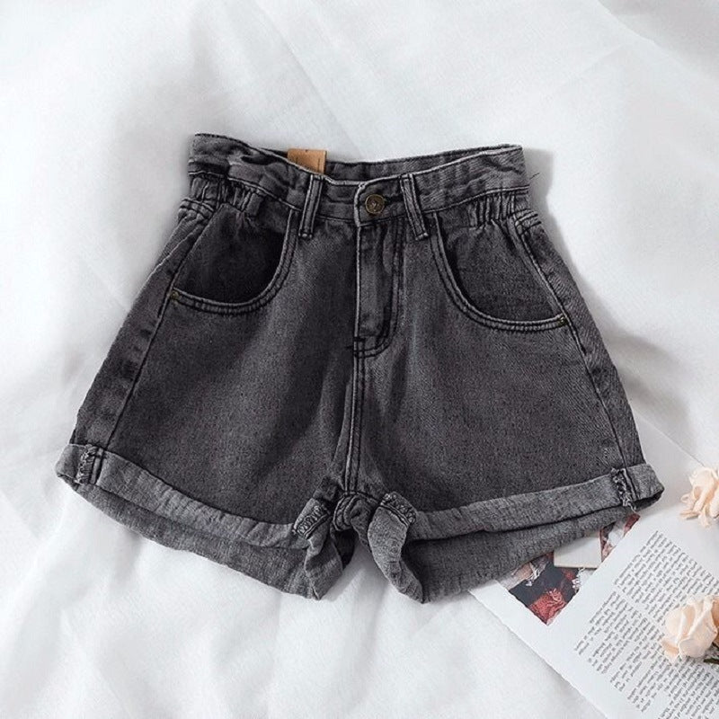 Damen High-Waist Denim-Shorts mit umschlagbarem Saum und elastischem Bund R&B