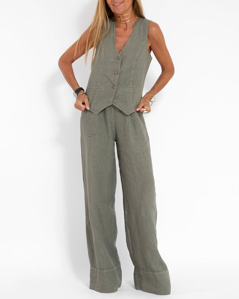 R&B | Elegantes 2-Teiliges Set Leinen Weite Hose & Weste