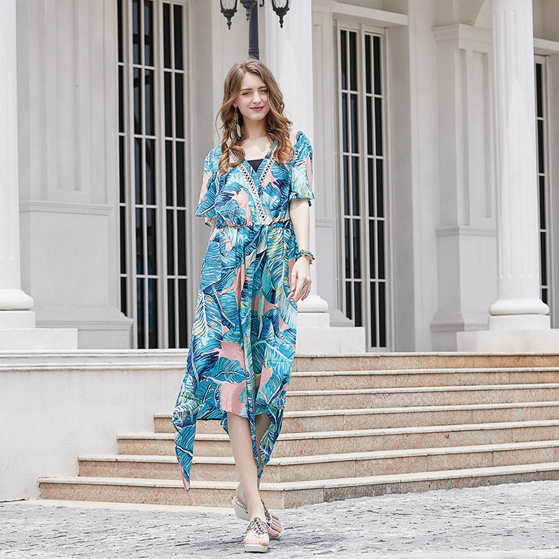 Damen Maxikleid mit asymmetrischem Saum und botanischem Design R&B