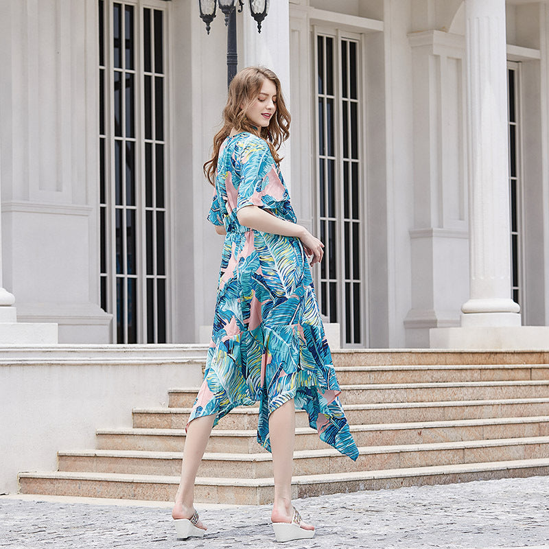 Damen Maxikleid mit asymmetrischem Saum und botanischem Design R&B