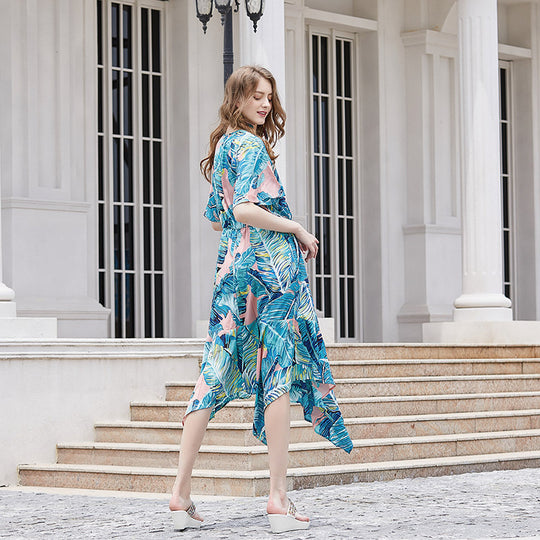 Damen Maxikleid mit asymmetrischem Saum und botanischem Design R&B